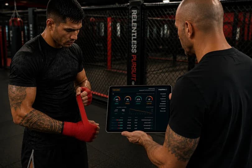 A fighter wrapping his hands beside the cage while a coach reviews his performance data on a tablet