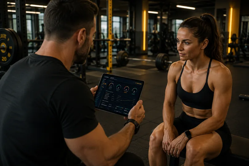 A coach in a gym showing an athlete her training and biomarker readouts on a tablet